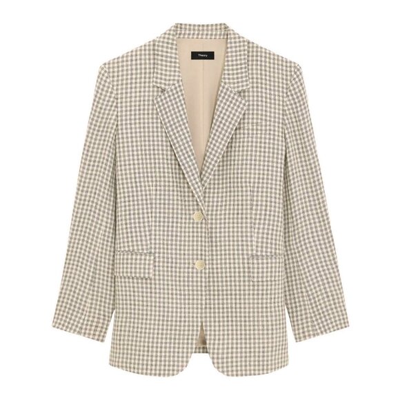 New Theory Oversized Linen Blend Plaid Blazer Ecru Black 2, XS $495 - Picture 3 of 12
